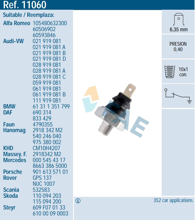 [FAE11060] Sensor presión aceite FAE 11060 Massey Ferguson